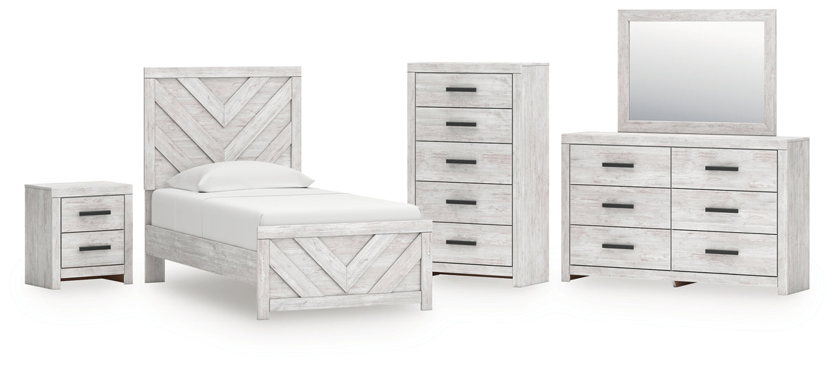 Cayboni 6-Piece Twin Panel Bed with Mirrored Dresser, Chest and Nightstand (Twin Panel Headboard/Footboard, Twin Panel Rails, Dresser, Bedroom Mirror, Chest of Drawers, Nightstand)