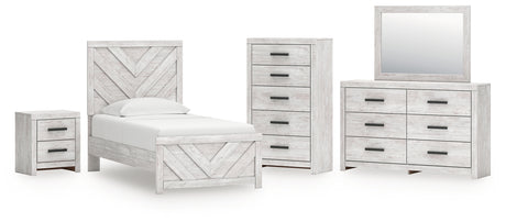 Cayboni 6-Piece Twin Panel Bed with Mirrored Dresser, Chest and Nightstand (Twin Panel Headboard/Footboard, Twin Panel Rails, Dresser, Bedroom Mirror, Chest of Drawers, Nightstand)