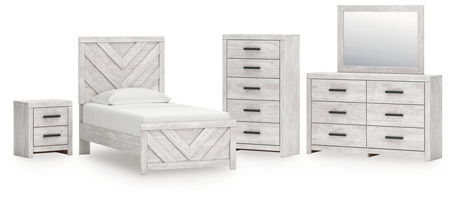 Cayboni 6-Piece Twin Panel Bed with Mirrored Dresser, Chest and Nightstand (Twin Panel Headboard/Footboard, Twin Panel Rails, Dresser, Bedroom Mirror, Chest of Drawers, Nightstand)