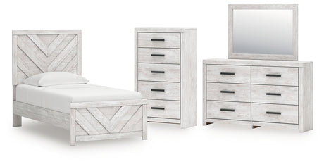 Cayboni 5-Piece Twin Panel Bed with Mirrored Dresser and Chest (Twin Panel Headboard/Footboard, Twin Panel Rails, Dresser, Bedroom Mirror, Chest of Drawers)