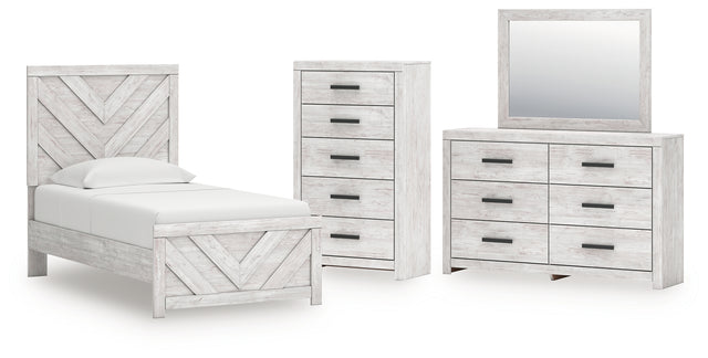 Cayboni 5-Piece Twin Panel Bed with Mirrored Dresser and Chest (Twin Panel Headboard/Footboard, Twin Panel Rails, Dresser, Bedroom Mirror, Chest of Drawers)