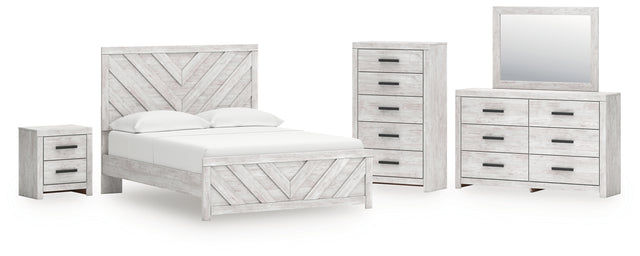 Cayboni 6-Piece Queen Panel Bed with Mirrored Dresser, Chest and Nightstand (Queen Panel Headboard/Footboard, Queen Panel Rails, Dresser, Bedroom Mirror, Chest of Drawers, Nightstand)