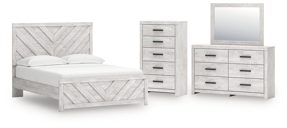 Cayboni 5-Piece Queen Panel Bed with Mirrored Dresser and Chest (Queen Panel Headboard/Footboard, Queen Panel Rails, Dresser, Bedroom Mirror, Chest of Drawers)