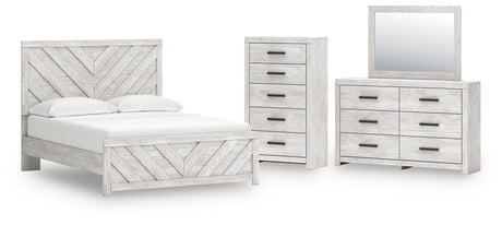 Cayboni 5-Piece Queen Panel Bed with Mirrored Dresser and Chest (Queen Panel Headboard/Footboard, Queen Panel Rails, Dresser, Bedroom Mirror, Chest of Drawers)