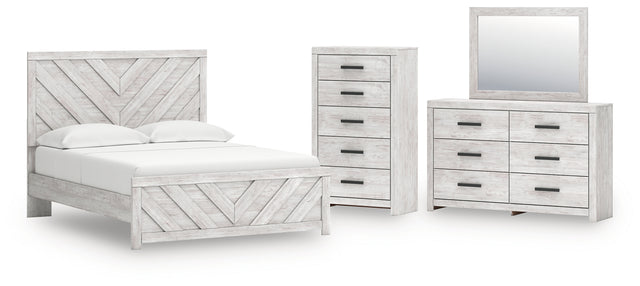 Cayboni 5-Piece Queen Panel Bed with Mirrored Dresser and Chest (Queen Panel Headboard/Footboard, Queen Panel Rails, Dresser, Bedroom Mirror, Chest of Drawers)