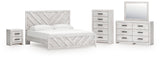 Cayboni 6-Piece King Panel Bed with Mirrored Dresser, Chest and Nightstand (King Panel Headboard/Footboard, King Panel Rails, Dresser, Bedroom Mirror, Chest of Drawers, Nightstand)