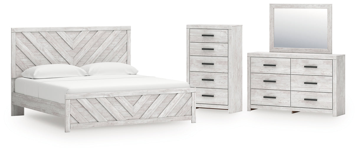 Cayboni 5-Piece King Panel Bed with Mirrored Dresser and Chest (King Panel Headboard/Footboard, King Panel Rails, Dresser, Bedroom Mirror, Chest of Drawers)