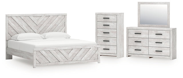 Cayboni 5-Piece King Panel Bed with Mirrored Dresser and Chest (King Panel Headboard/Footboard, King Panel Rails, Dresser, Bedroom Mirror, Chest of Drawers)
