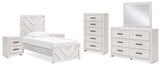 Cayboni 7-Piece Twin Panel Bed with Mirrored Dresser, Chest and 2 Nightstands (Twin Panel Headboard/Footboard, Twin Panel Rails, Dresser, Bedroom Mirror, Chest of Drawers, Nightstand, Nightstand)
