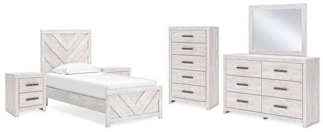 Cayboni 7-Piece Twin Panel Bed with Mirrored Dresser, Chest and 2 Nightstands (Twin Panel Headboard/Footboard, Twin Panel Rails, Dresser, Bedroom Mirror, Chest of Drawers, Nightstand, Nightstand)