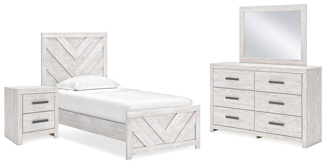 Cayboni 5-Piece Twin Panel Bed with Mirrored Dresser and Nightstand (Twin Panel Headboard/Footboard, Twin Panel Rails, Dresser, Bedroom Mirror, Nightstand)