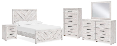 Cayboni 6-Piece Full Panel Bed with Mirrored Dresser, Chest and Nightstand (Full Panel Headboard/Footboard, Full Panel Rails, Dresser, Bedroom Mirror, Chest of Drawers, Nightstand)