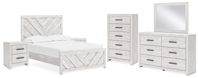 Cayboni 7-Piece Full Panel Bed with Mirrored Dresser, Chest and 2 Nightstands (Full Panel Headboard/Footboard, Full Panel Rails, Dresser, Bedroom Mirror, Chest of Drawers, Nightstand, Nightstand)
