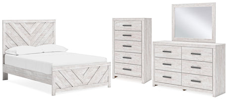 Cayboni 5-Piece Full Panel Bed with Mirrored Dresser and Chest (Full Panel Headboard/Footboard, Full Panel Rails, Dresser, Bedroom Mirror, Chest of Drawers)