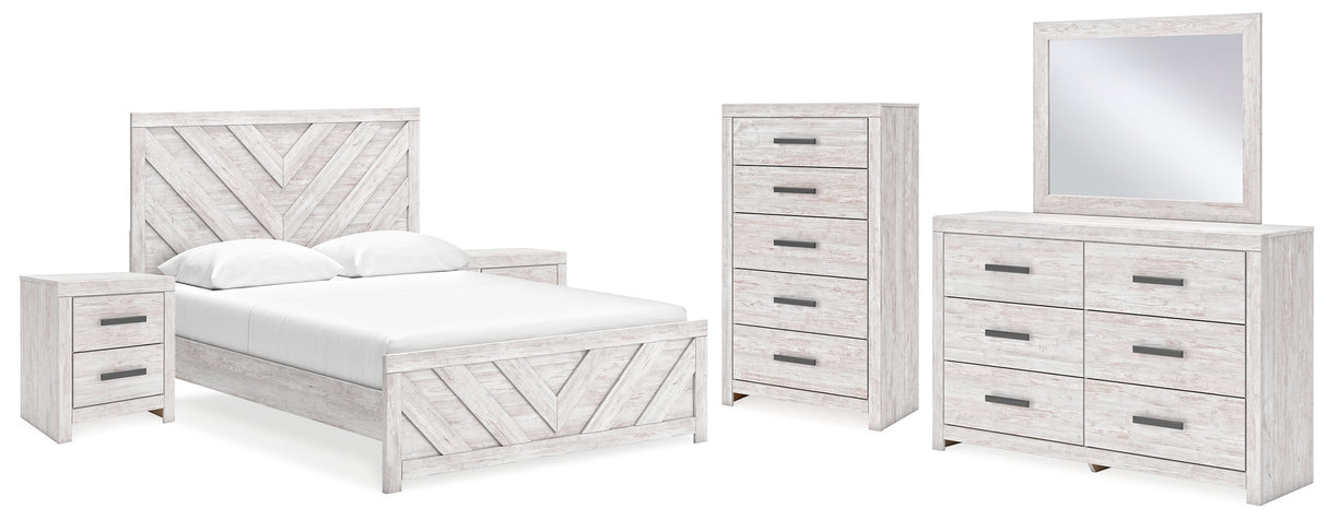 Cayboni 7-Piece Queen Panel Bed with Mirrored Dresser, Chest and 2 Nightstands (Queen Panel Headboard/Footboard, Queen Panel Rails, Dresser, Bedroom Mirror, Chest of Drawers, Nightstand, Nightstand)