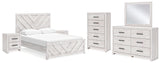 Cayboni 7-Piece Queen Panel Bed with Mirrored Dresser, Chest and 2 Nightstands (Queen Panel Headboard/Footboard, Queen Panel Rails, Dresser, Bedroom Mirror, Chest of Drawers, Nightstand, Nightstand)
