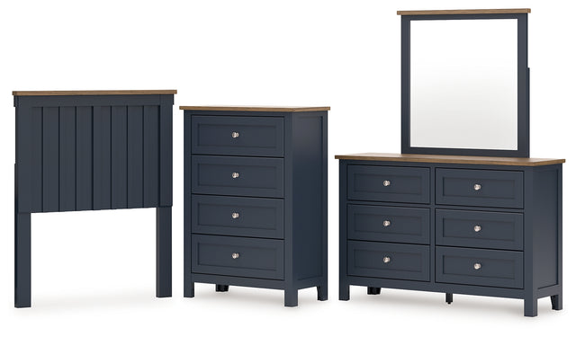 Landocken 4-Piece Twin Panel Headboard with Mirrored Dresser and Chest (Twin Panel Headboard, Dresser, Bedroom Mirror, Chest of Drawers)