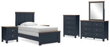 Landocken 8-Piece Twin Panel Bed with Mirrored Dresser, Chest and 2 Nightstands (Twin Panel Footboard with Slats, Twin Panel Headboard, Twin/Full Panel Rails, Dresser, Bedroom Mirror, Chest of Drawers, Nightstand, Nightstand)