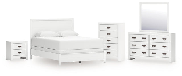 Binterglen 6-Piece Queen Panel Bed with Mirrored Dresser, Chest and Nightstand (Queen Panel Headboard/Footboard and Slats, Queen/King Panel Rails, Dresser, Bedroom Mirror, Chest of Drawers, Nightstand)
