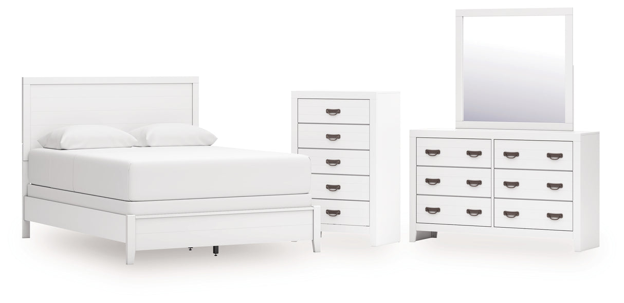 Binterglen 5-Piece Queen Panel Bed with Mirrored Dresser and Chest (Queen Panel Headboard/Footboard and Slats, Queen/King Panel Rails, Dresser, Bedroom Mirror, Chest of Drawers)
