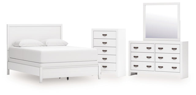 Binterglen 5-Piece Queen Panel Bed with Mirrored Dresser and Chest (Queen Panel Headboard/Footboard and Slats, Queen/King Panel Rails, Dresser, Bedroom Mirror, Chest of Drawers)