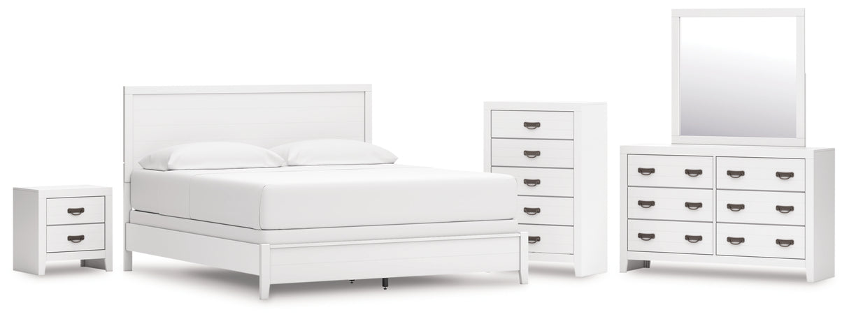 Binterglen 6-Piece California King Panel Bed with Mirrored Dresser, Chest and Nightstand (King/California King Panel Headboard/Footboard and Slats, California King Panel Rails, Dresser, Bedroom Mirror, Chest of Drawers, Nightstand)