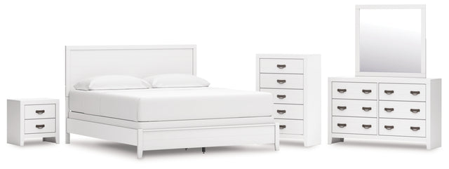 Binterglen 6-Piece California King Panel Bed with Mirrored Dresser, Chest and Nightstand (King/California King Panel Headboard/Footboard and Slats, California King Panel Rails, Dresser, Bedroom Mirror, Chest of Drawers, Nightstand)