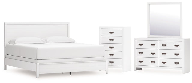 Binterglen 5-Piece California King Panel Bed with Mirrored Dresser and Chest (King/California King Panel Headboard/Footboard and Slats, California King Panel Rails, Dresser, Bedroom Mirror, Chest of Drawers)