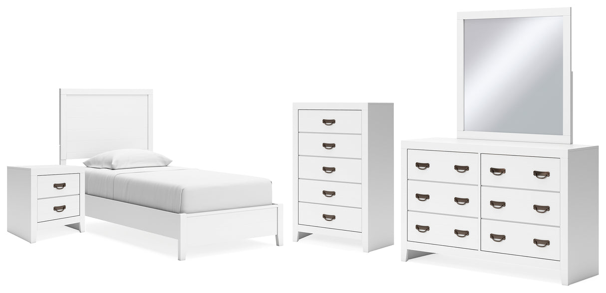Binterglen 6-Piece Twin Panel Bed with Mirrored Dresser, Chest and Nightstand (Twin Panel Headboard/Footboard and Slats, Twin/Full Bed Rails, Dresser, Bedroom Mirror, Chest of Drawers, Nightstand)
