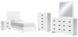 Binterglen 6-Piece Twin Panel Bed with Mirrored Dresser, Chest and Nightstand (Twin Panel Headboard/Footboard and Slats, Twin/Full Bed Rails, Dresser, Bedroom Mirror, Chest of Drawers, Nightstand)