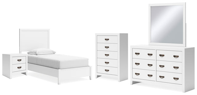 Binterglen 6-Piece Twin Panel Bed with Mirrored Dresser, Chest and Nightstand (Twin Panel Headboard/Footboard and Slats, Twin/Full Bed Rails, Dresser, Bedroom Mirror, Chest of Drawers, Nightstand)