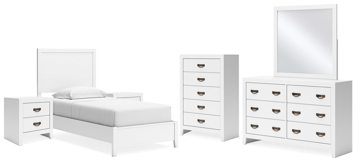 Binterglen 7-Piece Twin Panel Bed with Mirrored Dresser, Chest and 2 Nightstands (Twin Panel Headboard/Footboard and Slats, Twin/Full Bed Rails, Dresser, Bedroom Mirror, Chest of Drawers, Nightstand, Nightstand)
