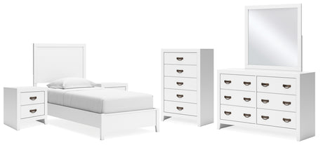 Binterglen 7-Piece Twin Panel Bed with Mirrored Dresser, Chest and 2 Nightstands (Twin Panel Headboard/Footboard and Slats, Twin/Full Bed Rails, Dresser, Bedroom Mirror, Chest of Drawers, Nightstand, Nightstand)
