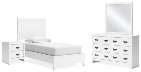 Binterglen 5-Piece Twin Panel Bed with Mirrored Dresser and Nightstand (Twin Panel Headboard/Footboard and Slats, Twin/Full Bed Rails, Dresser, Bedroom Mirror, Nightstand)