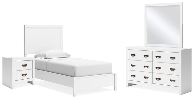 Binterglen 5-Piece Twin Panel Bed with Mirrored Dresser and Nightstand (Twin Panel Headboard/Footboard and Slats, Twin/Full Bed Rails, Dresser, Bedroom Mirror, Nightstand)
