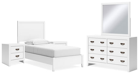 Binterglen 6-Piece Twin Panel Bed with Mirrored Dresser and 2 Nightstands (Twin Panel Headboard/Footboard and Slats, Twin/Full Bed Rails, Dresser, Bedroom Mirror, Nightstand, Nightstand)