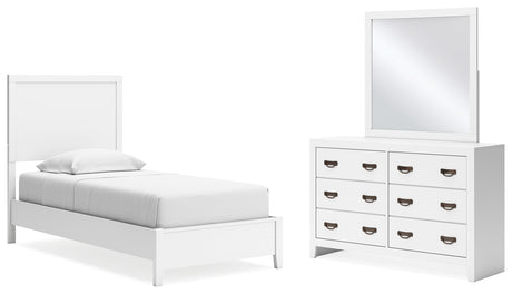 Binterglen 4-Piece Twin Panel Bed with Mirrored Dresser (Twin Panel Headboard/Footboard and Slats, Twin/Full Bed Rails, Dresser, Bedroom Mirror)