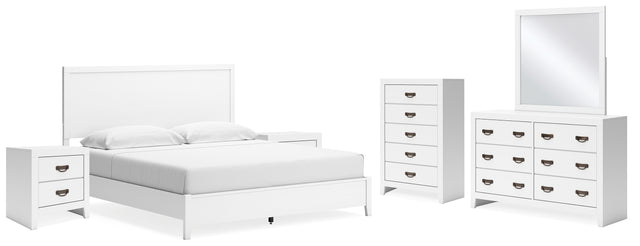 Binterglen 7-Piece King Panel Bed with Mirrored Dresser, Chest and 2 Nightstands (King/California King Panel Headboard/Footboard and Slats, Queen/King Panel Rails, Dresser, Bedroom Mirror, Chest of Drawers, Nightstand, Nightstand)