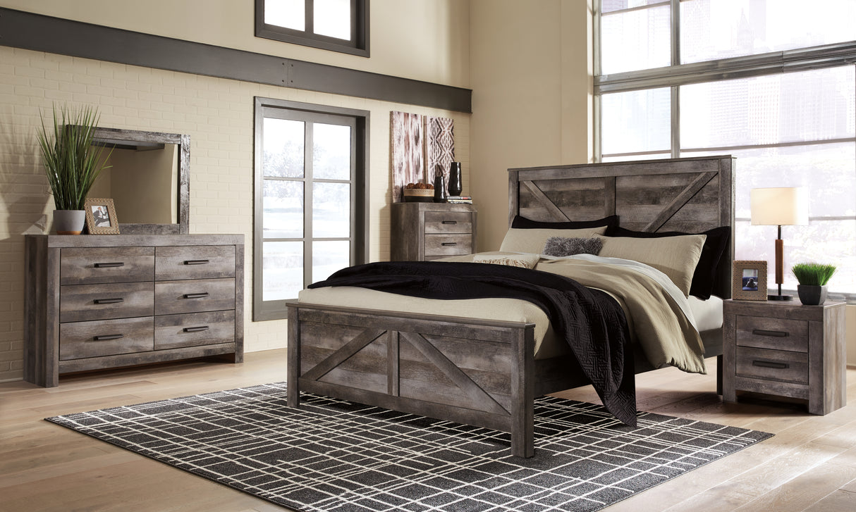 Wynnlow 8-Piece King Crossbuck Panel Bed with Mirrored Dresser, Chest and 2 Nightstands (King Crossbuck Panel Footboard, King Crossbuck Panel Headboard, King Crossbuck/Poster Rails, Dresser, Bedroom Mirror, Chest of Drawers, Nightstand, Nightstand)