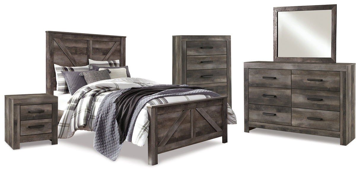 Wynnlow 7-Piece Queen Crossbuck Panel Bed with Mirrored Dresser, Chest and Nightstand (Queen Crossbuck/Poster Rails, Queen Crossbuck Panel Footboard, Queen Crossbuck Panel Headboard, Dresser, Bedroom Mirror, Chest of Drawers, Nightstand)