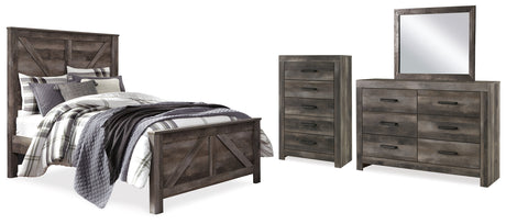 Wynnlow 6-Piece Queen Crossbuck Panel Bed with Mirrored Dresser and Chest (Queen Crossbuck/Poster Rails, Queen Crossbuck Panel Footboard, Queen Crossbuck Panel Headboard, Dresser, Bedroom Mirror, Chest of Drawers)