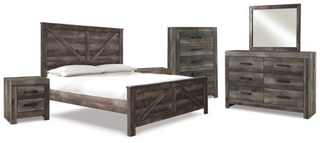 Wynnlow 8-Piece King Crossbuck Panel Bed with Mirrored Dresser, Chest and 2 Nightstands (King Crossbuck Panel Footboard, King Crossbuck Panel Headboard, King Crossbuck/Poster Rails, Dresser, Bedroom Mirror, Chest of Drawers, Nightstand, Nightstand)