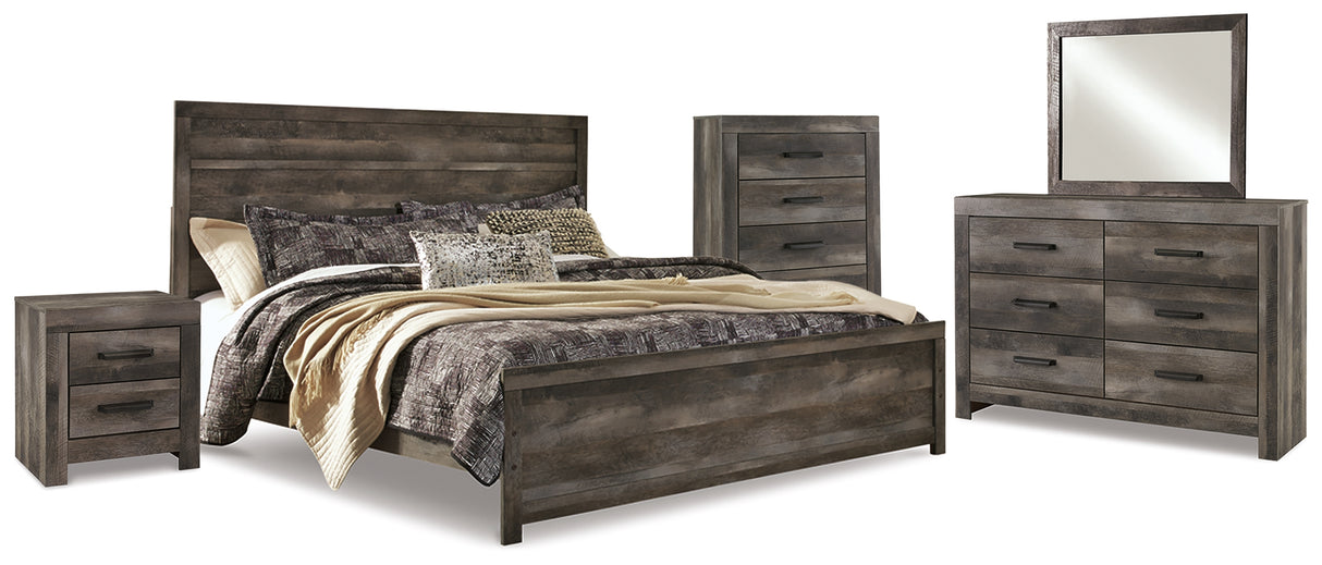 Wynnlow 6-Piece King Panel Bed with Mirrored Dresser, Chest and Nightstand (King Panel Headboard/Footboard, King Panel Rails, Dresser, Bedroom Mirror, Chest of Drawers, Nightstand)