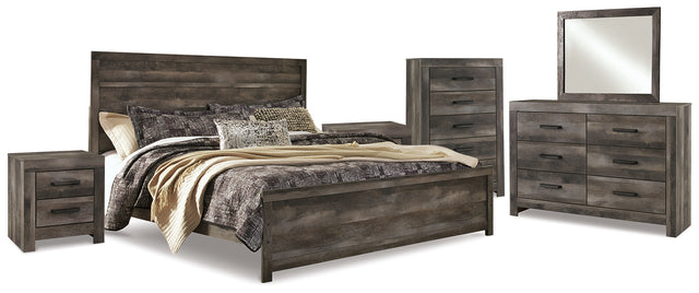 Wynnlow 7-Piece King Panel Bed with Mirrored Dresser, Chest and 2 Nightstands (King Panel Headboard/Footboard, King Panel Rails, Dresser, Bedroom Mirror, Chest of Drawers, Nightstand, Nightstand)