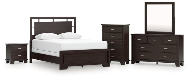 Covetown 6-Piece Queen Panel Bed with Mirrored Dresser, Chest and Nightstand (Queen Panel Headboard/Footboard and Slats, Queen/King Panel Rails, Dresser, Bedroom Mirror, Chest of Drawers, Nightstand)