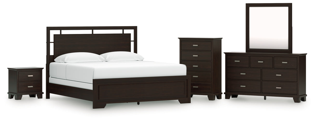 Covetown 6-Piece California King Panel Bed with Mirrored Dresser, Chest and Nightstand (King/California King Panel Headboard/Footboard and Slats, California King Panel Rails, Dresser, Bedroom Mirror, Chest of Drawers, Nightstand)
