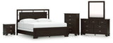 Covetown 6-Piece King Panel Bed with Mirrored Dresser, Chest and Nightstand (King/California King Panel Headboard/Footboard and Slats, Queen/King Panel Rails, Dresser, Bedroom Mirror, Chest of Drawers, Nightstand)