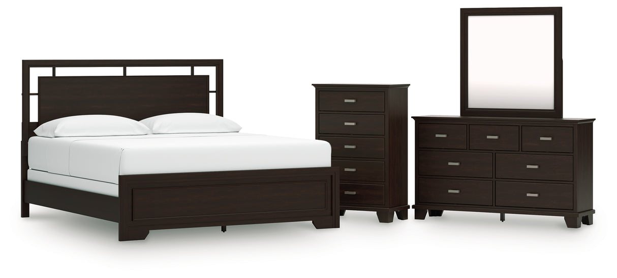 Covetown 5-Piece California King Panel Bed with Mirrored Dresser and Chest (King/California King Panel Headboard/Footboard and Slats, California King Panel Rails, Dresser, Bedroom Mirror, Chest of Drawers)