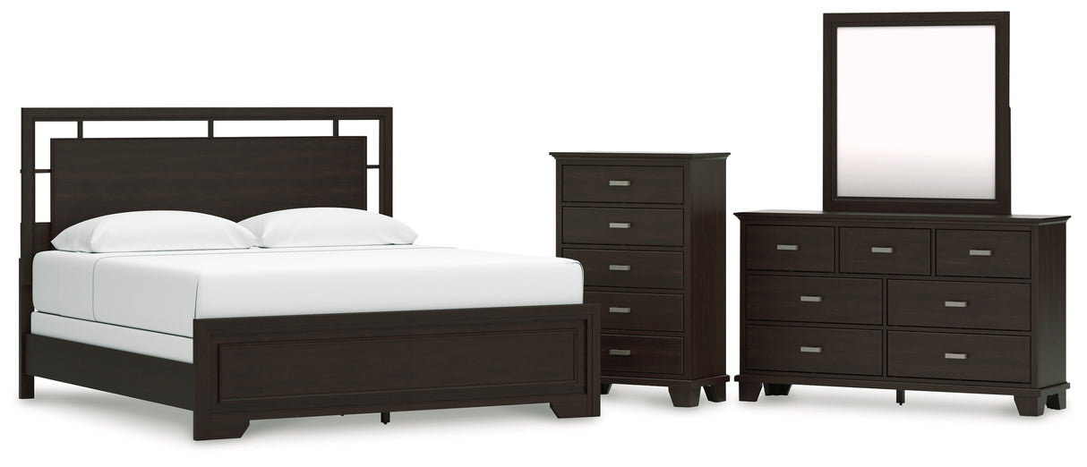 Covetown 5-Piece King Panel Bed with Mirrored Dresser and Chest (King/California King Panel Headboard/Footboard and Slats, Queen/King Panel Rails, Dresser, Bedroom Mirror, Chest of Drawers)