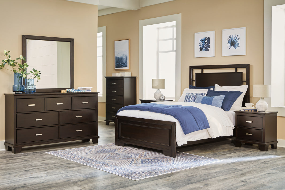 Covetown 7-Piece Full Panel Bed with Mirrored Dresser, Chest and 2 Nightstands (Twin/Full Bed Rails, Full Panel Headboard/Footboard and Slats, Dresser, Bedroom Mirror, Chest of Drawers, Nightstand, Nightstand)
